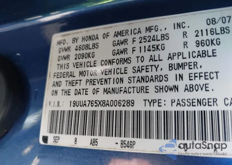 2008 Acura Tl Type S из США, поврежденный, VIN 19UUA765X8A006289